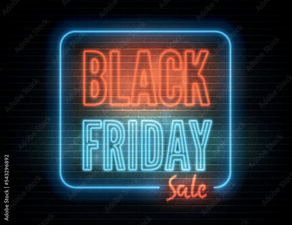 Obraz premium Black friday red blue neon light box with annual discount offer promo. Year biggest sale vector banner template. Retro style seasonal clearance advert. Price reduction minimal sticker design.
