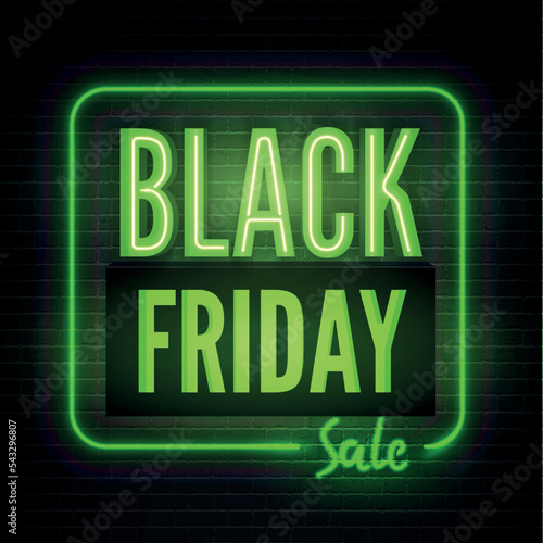 Black friday sale green neon light box with discount offer promo. Year biggest sale vector banner template. Stylish seasonal clearance advert. Price reduction minimal sticker design.