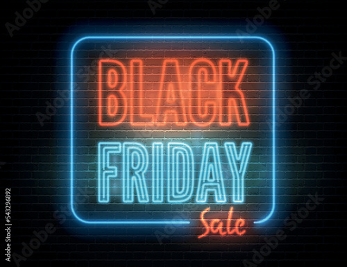 Black friday red blue neon light box with annual discount offer promo. Year biggest sale vector banner template. Retro style seasonal clearance advert. Price reduction minimal sticker design.