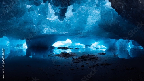 Snow cave. Landscape of night antactis, tunnel and labyrinths in an ice cave. Cold water, night moonlight reflection, blue neon. Snow, ice, cold ice house.