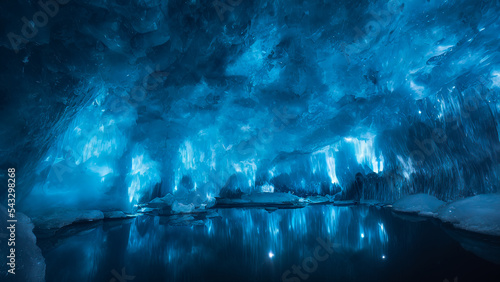 Snow cave. Landscape of night antactis, tunnel and labyrinths in an ice cave. Cold water, night moonlight reflection, blue neon. Snow, ice, cold ice house.