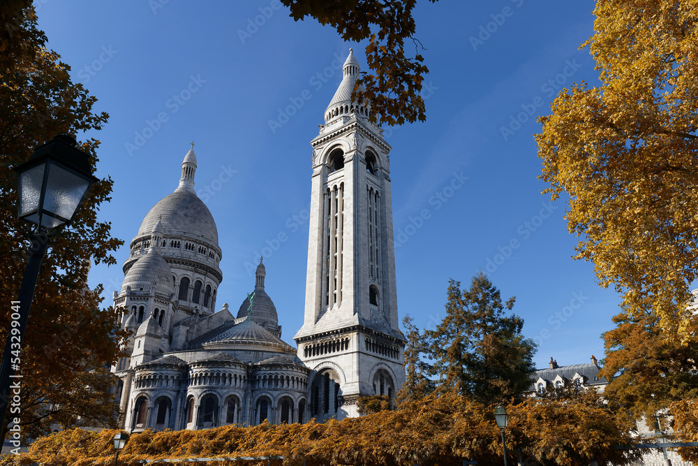 Fototapeta premium The famous basilica Sacre Coeur with autumnal trees , Paris, France.