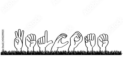 Deaf sign language WELCOME. line patern background. Vector icon or pictogram. Slogan banner, welcome home, work or schoold ay. Gestures hand, hands symbol. Deafness.