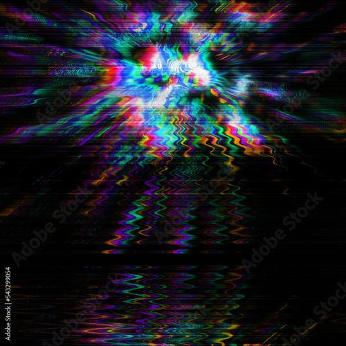 Digital glitch and distortion noise effect panoramic banner. Futuristic cyberpunk tv media error design. Retro futurism, web punk, rave DJ techno aesthetic neon colors layout. Old visual screen	
 photo