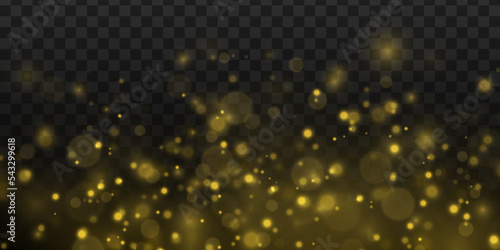 Defocused golden particles glittery. Blurred bokeh background. Golden stars shine with special light effect. Bokeh lights yellow sparkle, blur gold dust sparks. Christmas concept. Vector illustration.