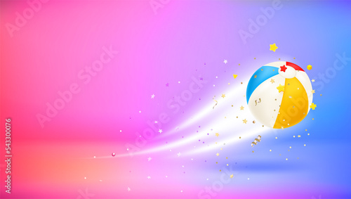 Glowing beach ball with confetti. 3d vector banner with copy space