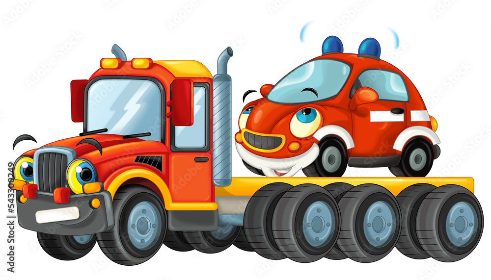 happy cartoon tow truck driver and other vehicle car isolated on white illustration for children happy cartoon tow truck driver and other vehicle car isolated on white illustration for children