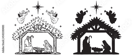 Nativity scene Vector Drawing, Silhouette Baby Jesus, Angels singing, Christmas Holiday artwork