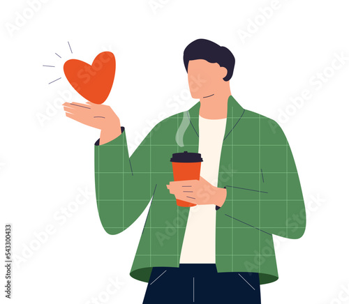 Coffee beans and Energy concept. Young smiling man cartoon character barista walking holding huge coffee beans in cup