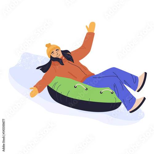 Young girl on snow tubing sliding down hill slope on winter holidays. Happy wintertime activity, fun. Flat vector illustration in cartoon style.