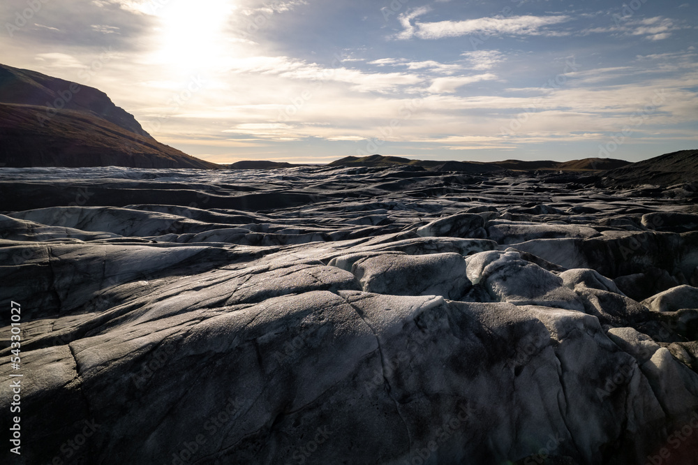 Sunset over the glacier tongue in Iceland
