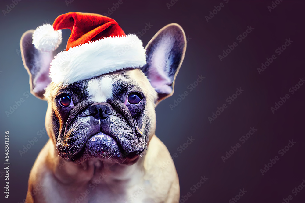 French bulldog in a Santa hat.