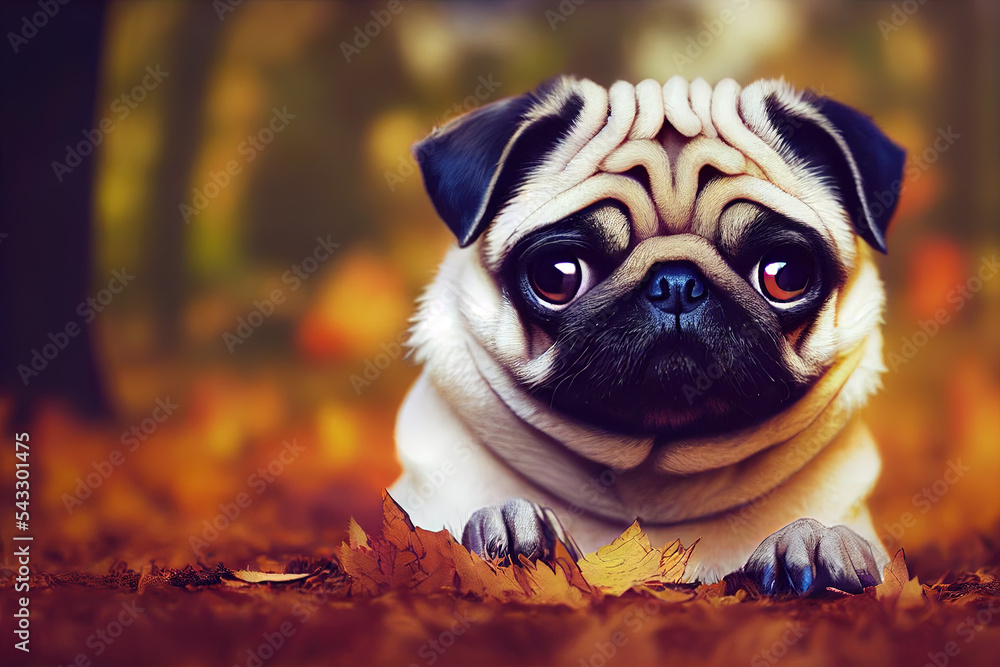 Pug in the autumnal leaves in a forest at sunset