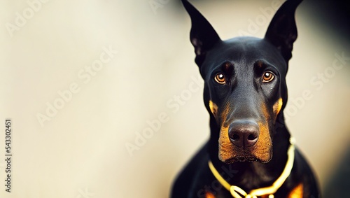 Fotografiet Hyper-realistic illustration of a sad Dobermann dog portrait with black backgrou