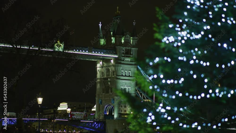 Nighttime view of Tower Bridge, and a Christmas tree, London, United