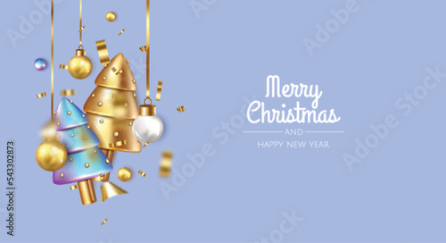 Happy New Year and Merry Christmas. Christmas holiday background with realistic 3d object, christmas balls, metal tree, goldsnowflake. Levitation falling design composition. photo