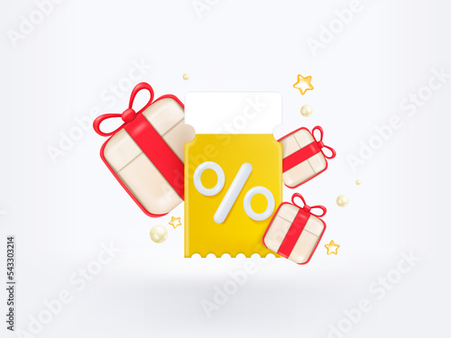 3D Gift voucher with coupon Percentage. For Birthday sales and Discount online purchases. Percentage label with gift box isolated. 3d rendering.