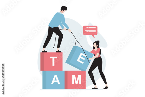 Teamwork concept with people scene in flat design. Man and woman build with blocks, do work tasks, support and help colleagues, team building. Vector illustration with character situation for web