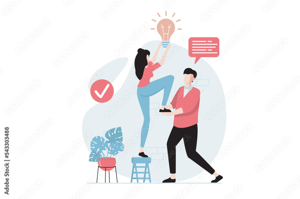 Teamwork concept with people scene in flat design. Woman innovate new solutions and man supports her, colleagues collaborate and complete tasks. Vector illustration with character situation for web Teamwork concept with people scene in flat design. Woman innovate new solutions and man supports her, colleagues collaborate and complete tasks. Vector illustration with character situation for web