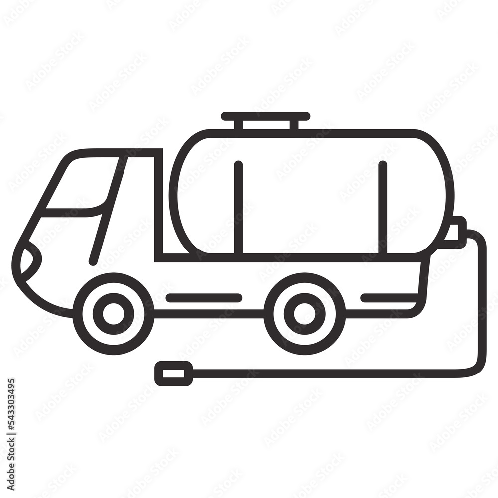 Vacuum truck line icon.Waste disposal machine.Fuel tanker truck.Septic truck for sewage sludge transportation.Outline vector illustration.Isolated on a blue background.