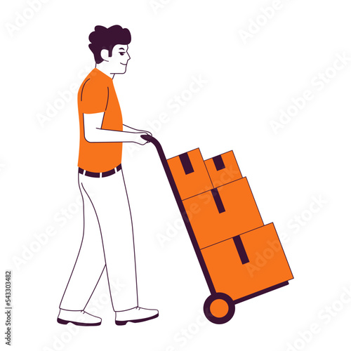Man working at a warehouse with boxes.Logistic and Delivery.Worker pushing a hand truck.Courier carries a cart with boxe.Postman in a uniform.