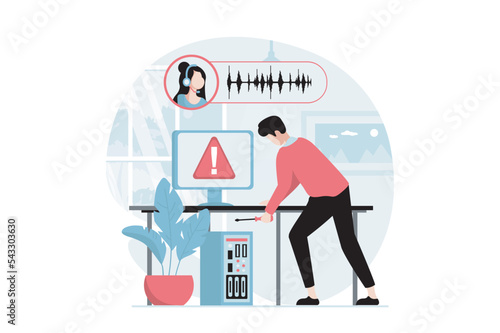 Technical support concept with people scene in flat design. Man listening to voice instructions and repairing computer using advice of operator. Vector illustration with character situation for web