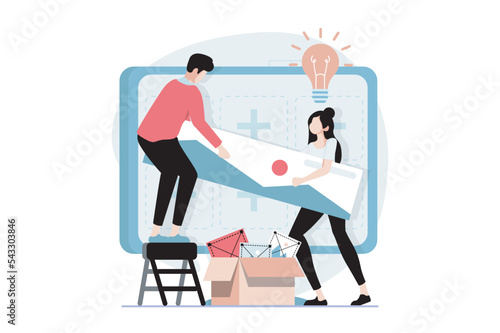 UI and UX design concept with people scene in flat style. Man and woman generate new ideas and make creative modern layout and site template. Vector illustration with character situation for web