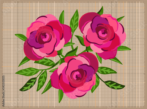 Three pink vintage roses on canvas background.