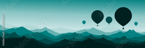 hot air balloon at mountain landscape with forest silhouette vector flat design illustration good for wallpaper, background, backdrop, banner, print, and design template