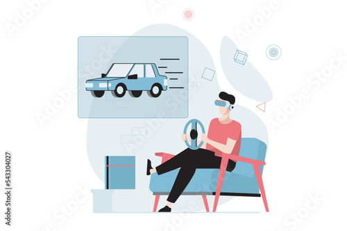 Virtual reality concept with people scene in flat design. Man in VR glasses play game with augmented reality and drive car in the metaverse. Vector illustration with character situation for web