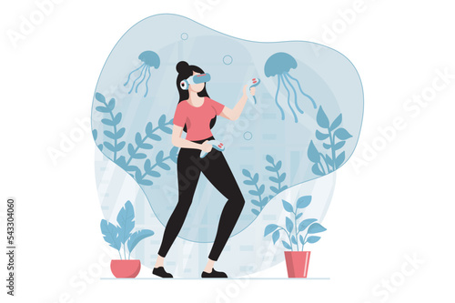 Virtual reality concept with people scene in flat design. Woman in VR glasses learning and using controllers to researching underwater sea world. Vector illustration with character situation for web