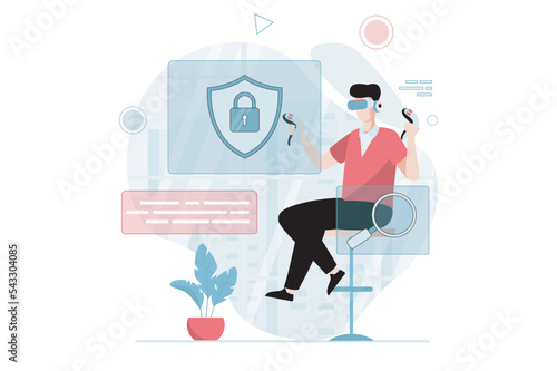 Virtual reality concept with people scene in flat design. Man in VR glasses learning and using controllers to interacting with protection system. Vector illustration with character situation for web