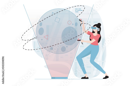 Virtual reality concept with people scene in flat design. Woman in VR glasses learning and using controllers to interacting with planet hologram. Vector illustration with character situation for web