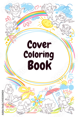 Children draw scribbles on the floor and wall with colored crayons. Cover for coloring book or kids poster. Colorful cartoon characters. Funny vector illustration. Isolated on white background