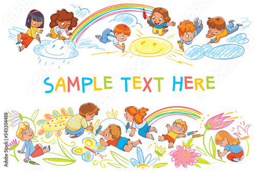 Children draw scribbles on the floor and wall with colored crayons. Colorful cartoon characters. Funny vector illustration. Isolated on white background. Kids template for your design