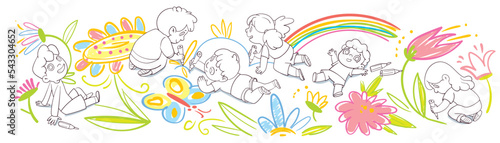 Black and white children draw scribbles on the floor and wall with colored crayons. Coloring book. Colorful cartoon characters. Funny vector illustration. Isolated on white background