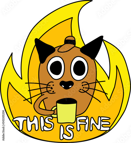 Meme cat on fire as famous dog with a cup while his house is burning down. Cartoon comic trendy vector illustration. Shocked pet with big eyes