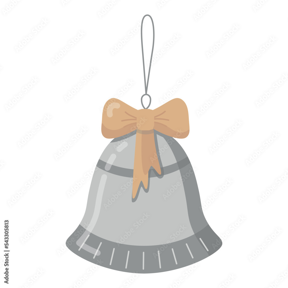 Christmas tree toy silver bell with a golden bow on a string. Vector New Year illustration. Christmas tree toy silver bell with a golden bow on a string. Vector New Year illustration.