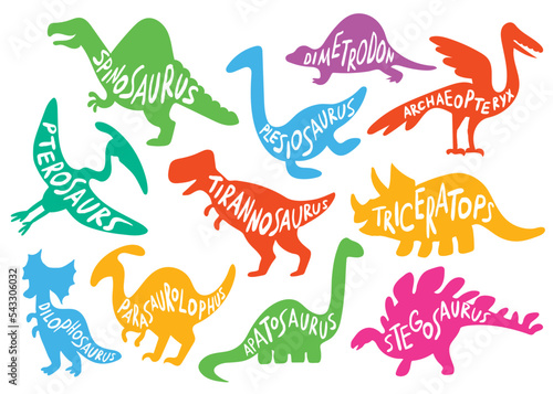 Dinosaur outline with inscriptions inside. Dinosaur silhouettes set. Colorful cartoon characters. Funny vector illustration. Isolated on white background