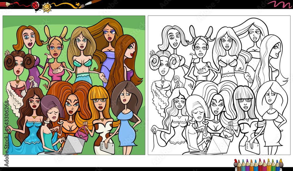 Naklejka premium funny comic girls and women characters group coloring page
