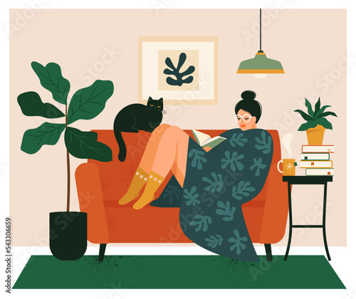 Young woman wrapped in a warm blanket sitting on a comfortable sofa and reading a book. Spending time at home, relaxing, resting, hobby. Vector illustration isolated on white background.
