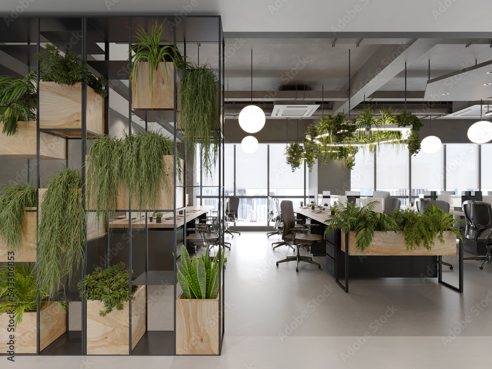3d render of a contemporary offices space with plant systems between