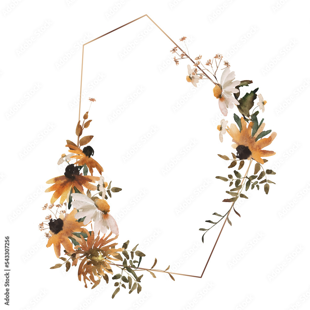 Christmas wreath isolated on white, a frame of autumn flowers, a bouquet of wildflowers. Geometric frame with red and yellow flowers. Dahlias and chrysanthemums. Autumn leaves and flowers. Gold frame