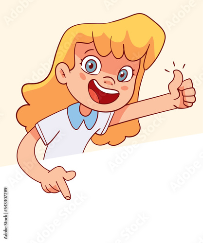 Girl points her finger at the empty poster. Template for children design. Colorful cartoon characters. Funny vector illustration. Comic style. Isolated on white background