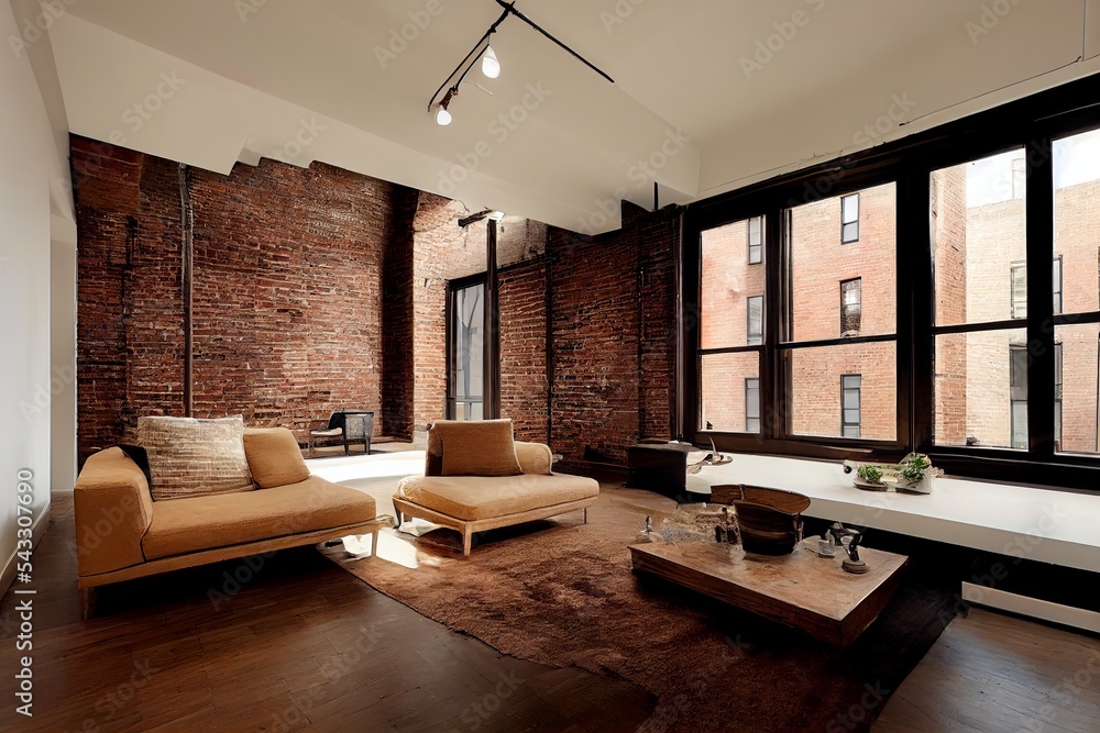 New york loft style living room interior with brick wall Stock