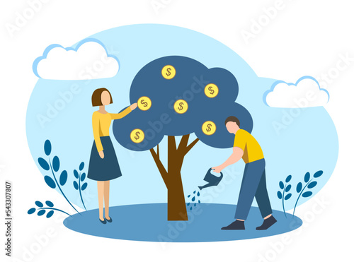 A husband and wife grow a money tree. Water the tree. They make a lot of money