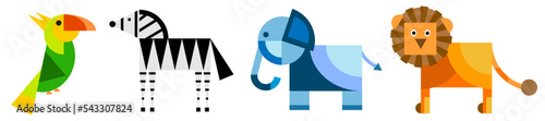 A lion, a zebra, a parrot and an elephant. Illustrations in the style of cubism. Insulation. Animals from geometric shapes.