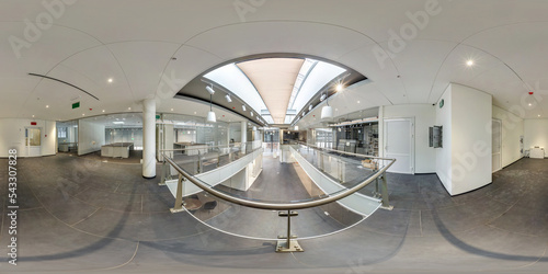 full seamless spherical hdri 360 panorama in interior of empty white room with repair for office or store with panoramic windows in equirectangular projection