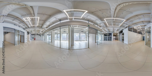 full seamless spherical hdri 360 panorama in interior of empty white room with repair for office or store with panoramic windows in equirectangular projection