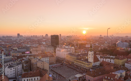 Zagreb Cityscape and Beautiful Sunset Light in Background. Croatia. Drone Photo Shoot.